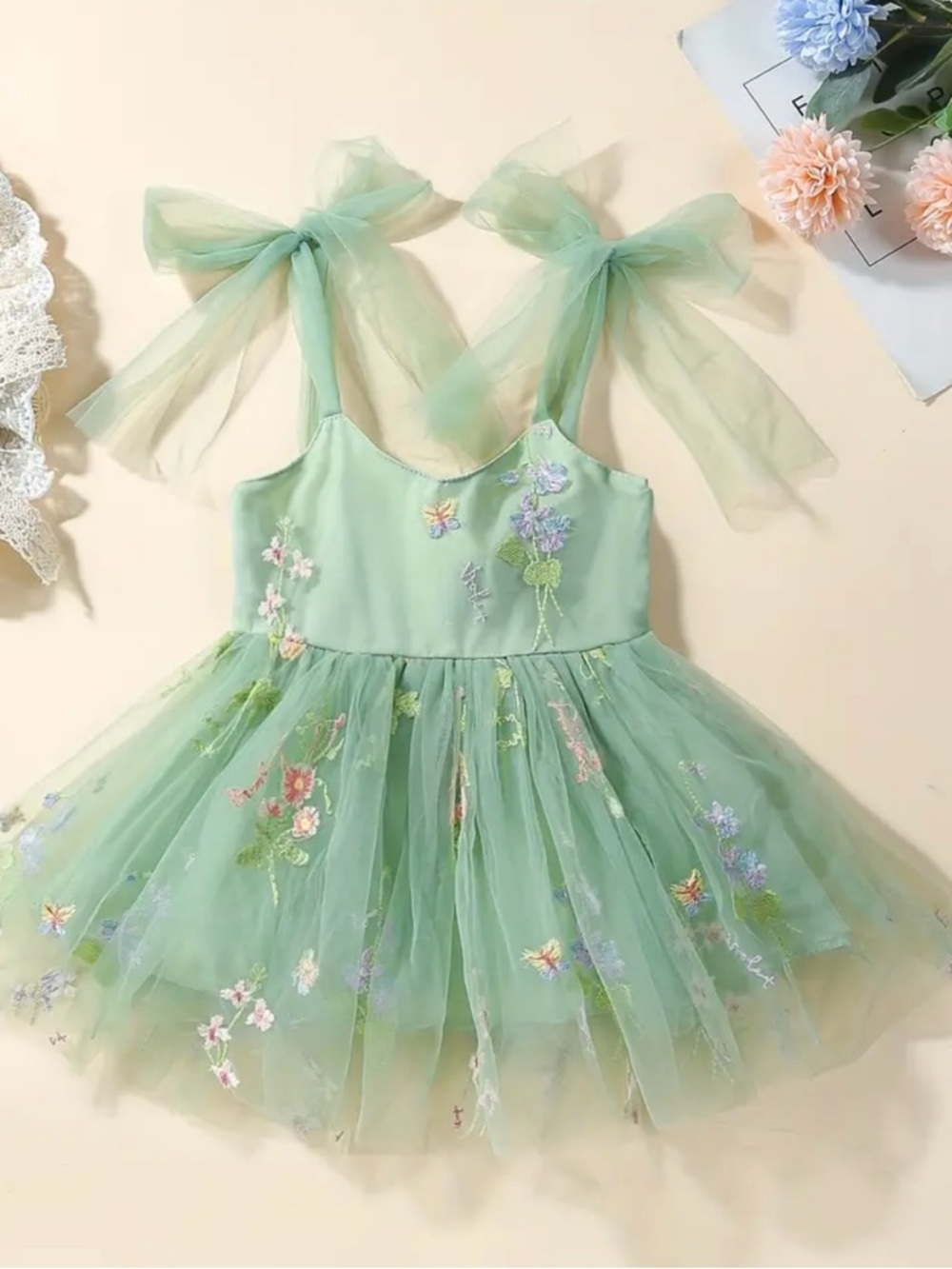 Mint Green Tulle Floral Bow-Tie Dress